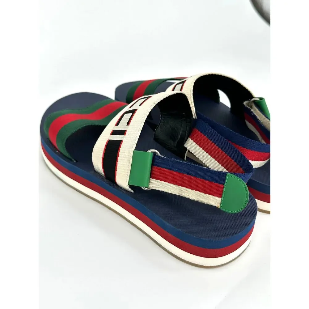 Gucci Bedlam Slingback Flatform Sandal Navy Web Stripe Logo Men's 9 EU 42